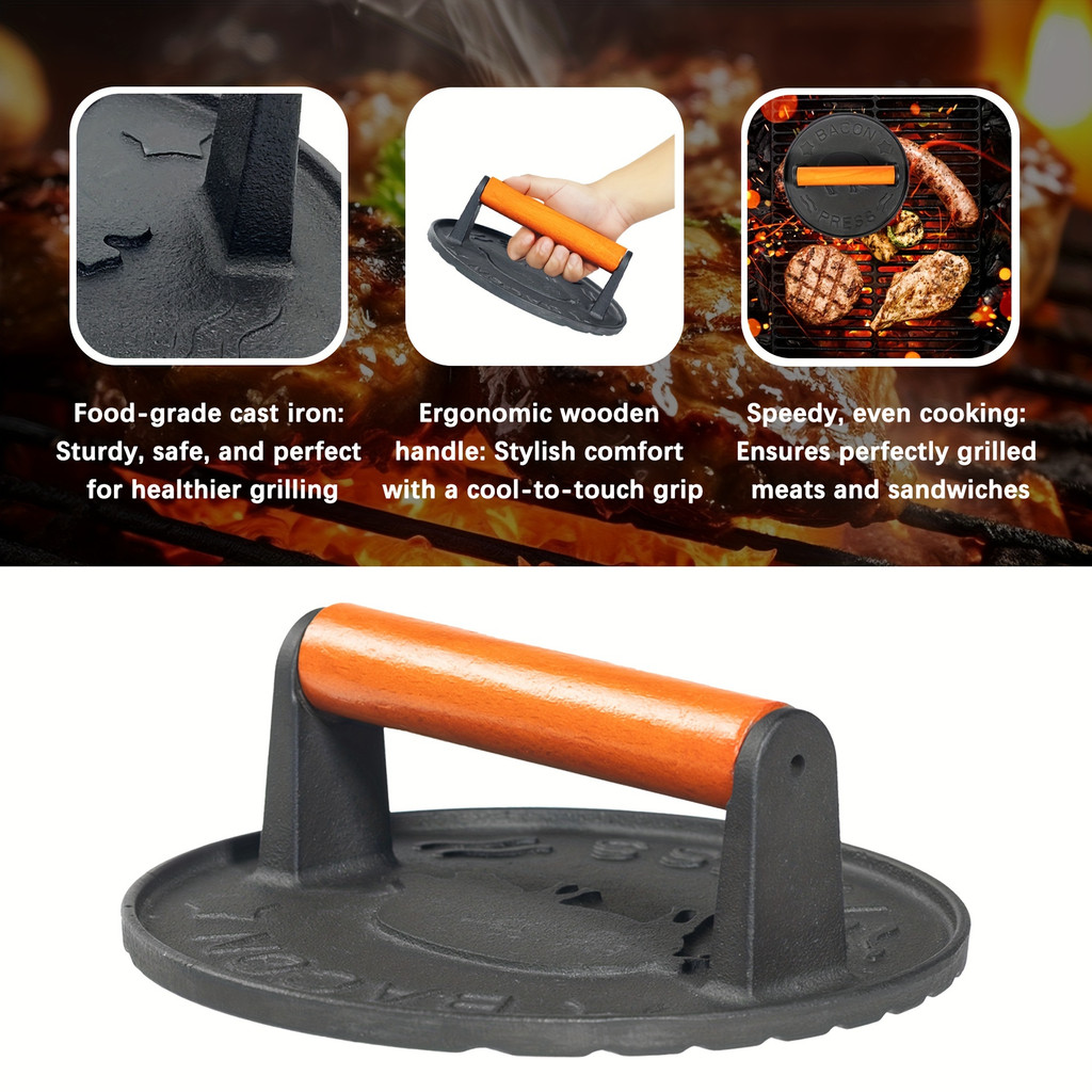 จัดส่งในพื้นที่+COD Round Cast Iron Meat Press Kitchen Burger Press Meat Beef Food Mold Non-Stick ด้