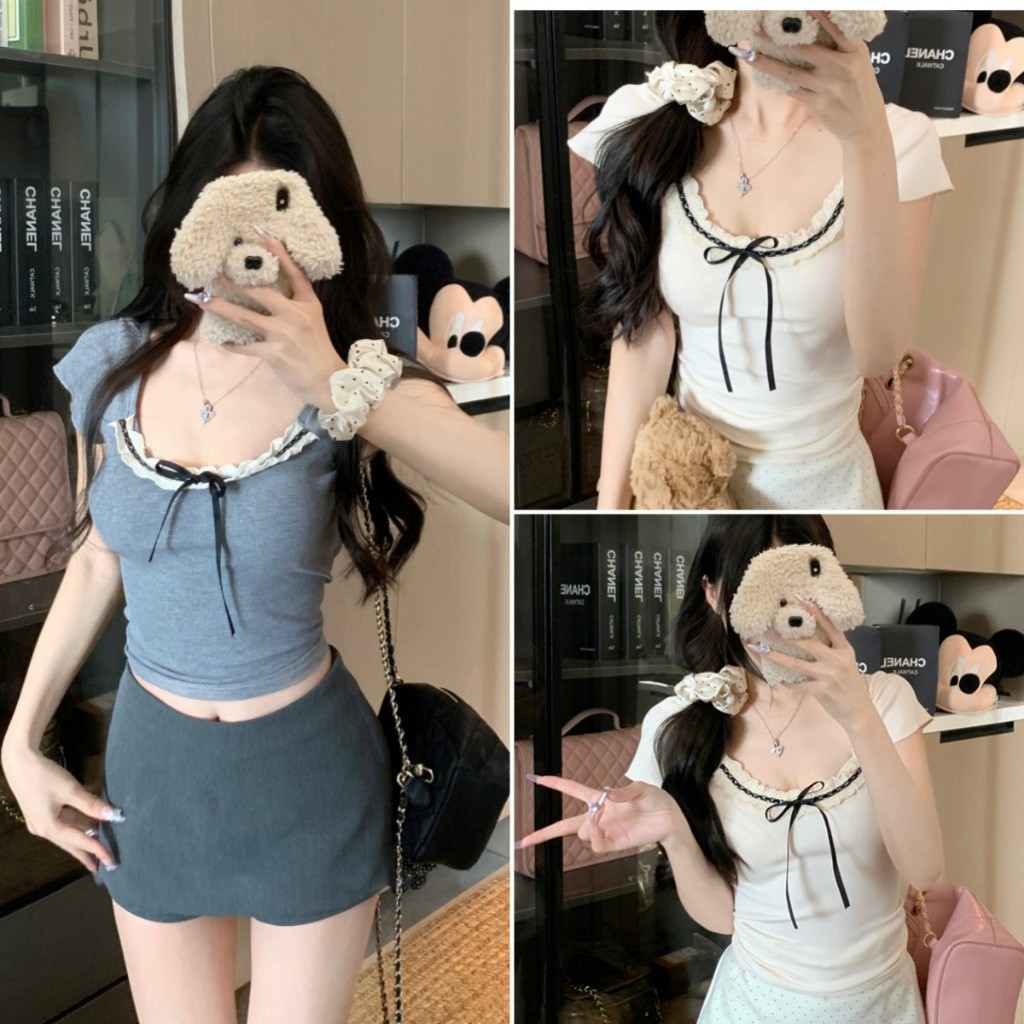 Bella shop เสื้อยืดสวยๆผู้หญิง เสื้อยืดเข้ารูป แต่งโบว์ แต่งขอบลูกไม้คอวี เซ็กซี่ สไตล์เกาหลี