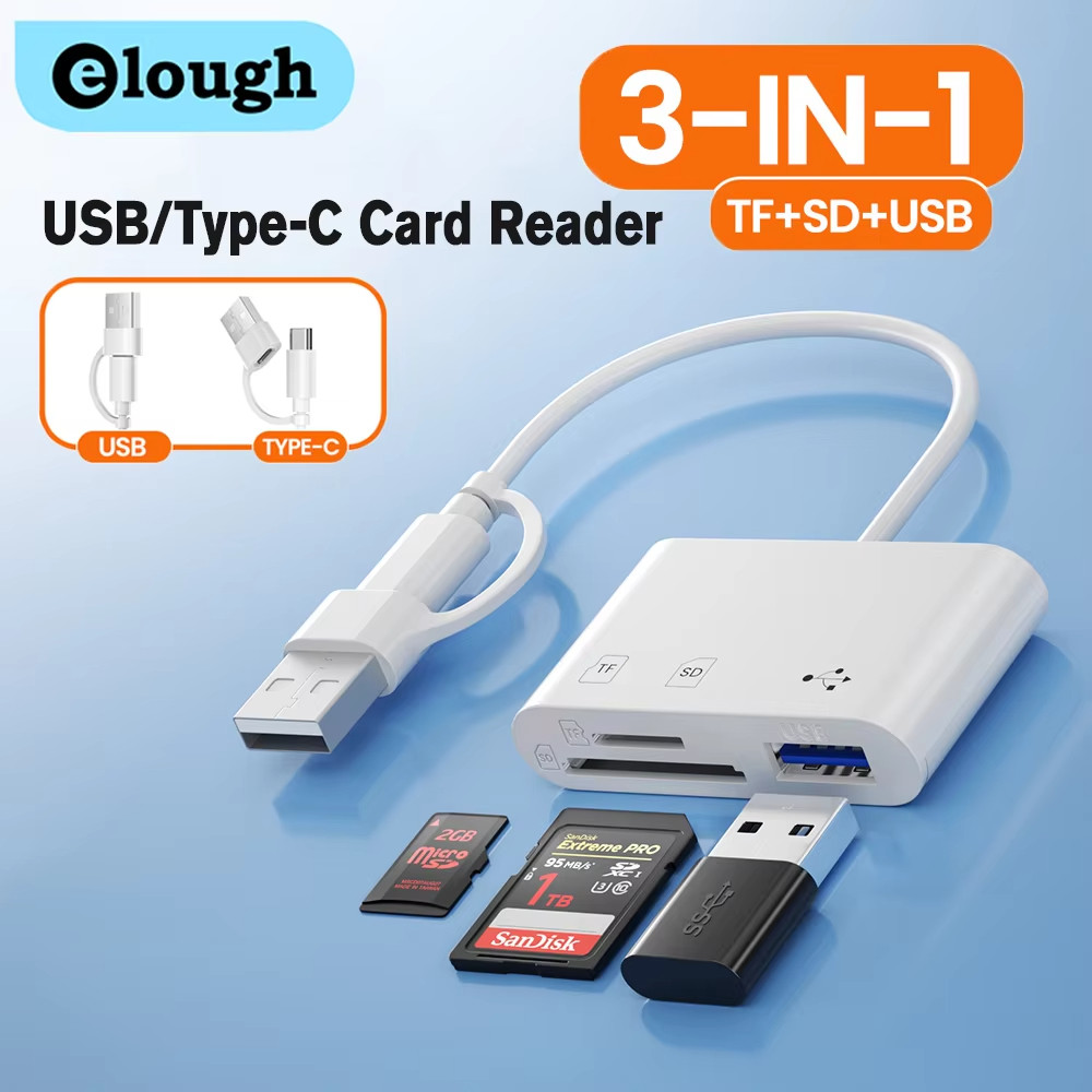 Elough USB / Type-C Card Reader 3-in-1 TF SD การ์ดหน่วยความจํา USB Flash Adapter OTG สําหรับ PC แล็ปท็อปโทรศัพท์มือถือการถ่ายโอนข้อมูล
