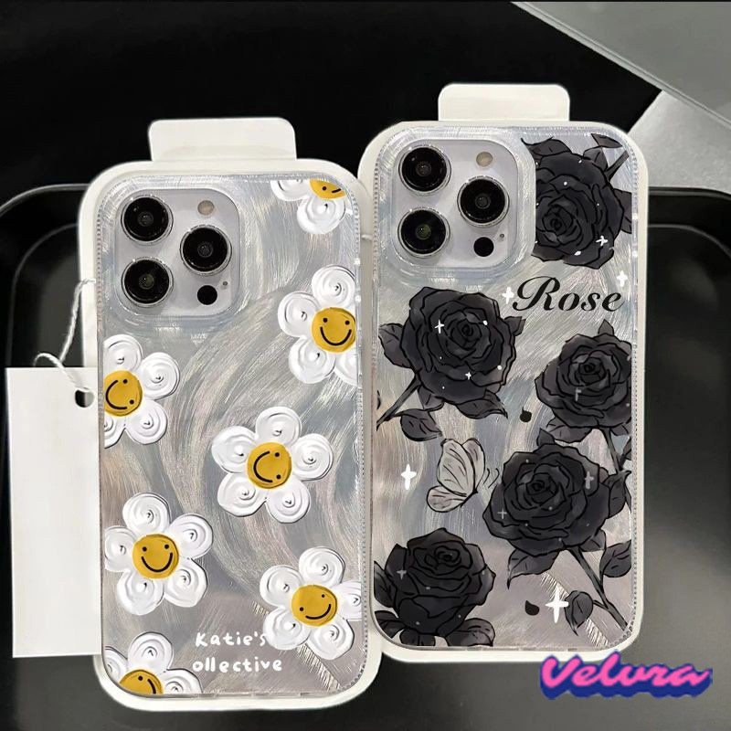 รอยยิ้มน่ารักดอกไม้เข้ากันได้เคสไอโฟน สำหรับ iphone 16 13 11 15 12 14 Pro Max XR 16 15 8 Plus XS กุหลาบวินเทจผีเสื้อเคส