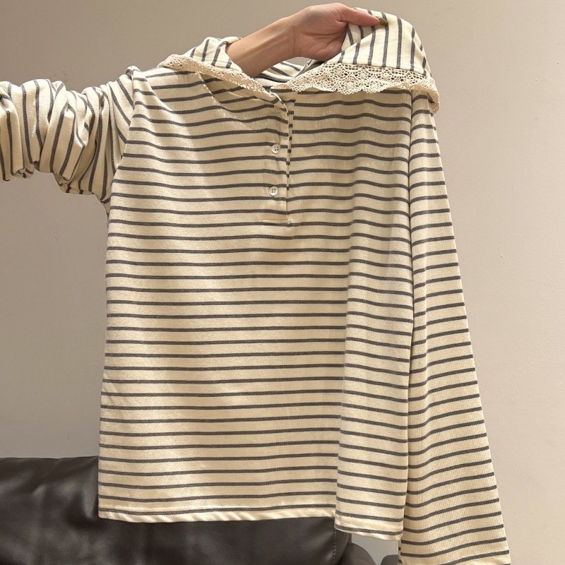 COCO-เสื้อฮู้ด แขนยาว แถบ ขอบลูกไม้ ประเภทรุ่นหลวม วินเทจ หวาน แฟชั่นสบาย ๆ