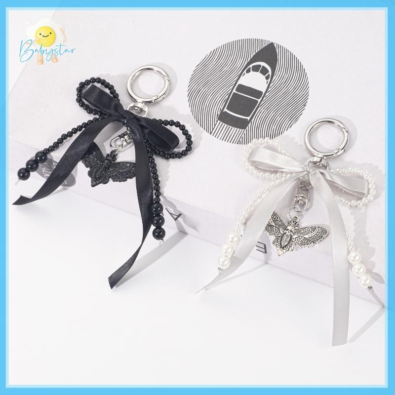 [Inthehot-t] 1 ชิ้น Y2K น่ารักรูปหัวใจ Clasp จี้แฟชั่นสีดําริบบิ้นโบว์พวงกุญแจสีขาวมุกลูกปัดออกแบบขอ