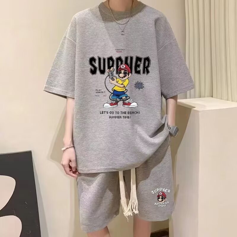 2025 NEW 2025 Summer T-Shirt Men's Plus Size Set Student Waffle Loose Trendy Men's Ins Style Fat Man