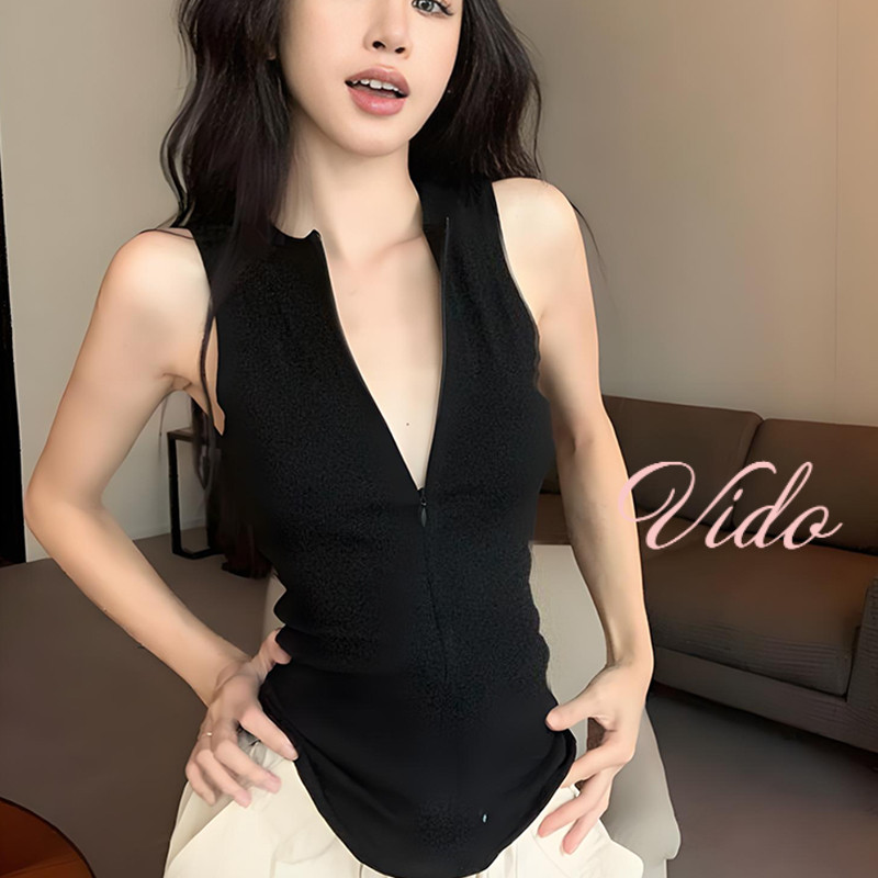 สาวร้อนรอบคอซิปเสื้อกั๊กแฟชั่นสลิมฟิตเสื้อชั้นในสตรีสีทึบด้านบนแขนกุด VD