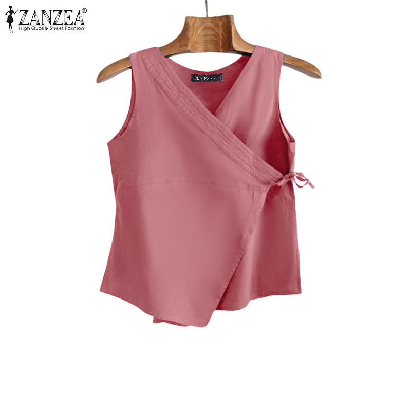 ZANZEA เสื้อกล้ามอ้อมส้นแขนกุดคอวีสไตล์เกาหลี