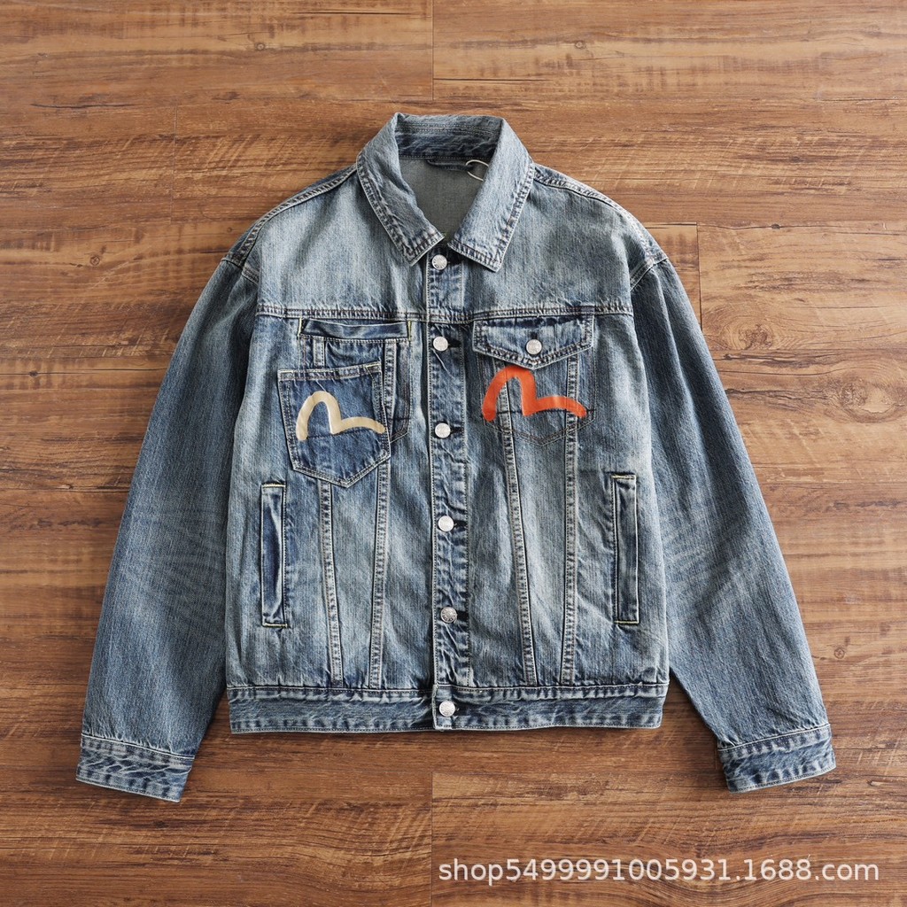 Evisu Mens Multi-Pocket Printing Buddha Head Loose Washed Denim Jacket Jacket