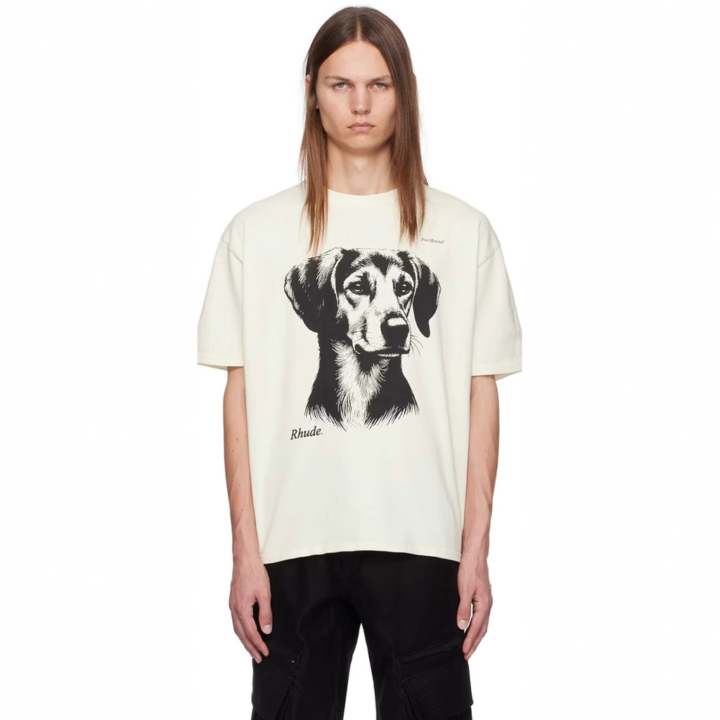 LWOL RHUDE Doberman Dog Short Sleeve Vintage Street Casual Versatile Loose Round Neck Couple T Men's