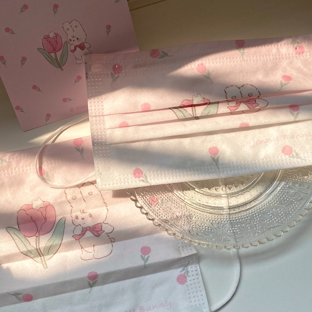 Kiki น่ารัก Tulip Jenny Bunny Girl แสดงใบหน้าบลัชออนมูลค่าสูงขนาดเล็กหน้ากากป้องกันสามชั้นแบบใช้แล้ว