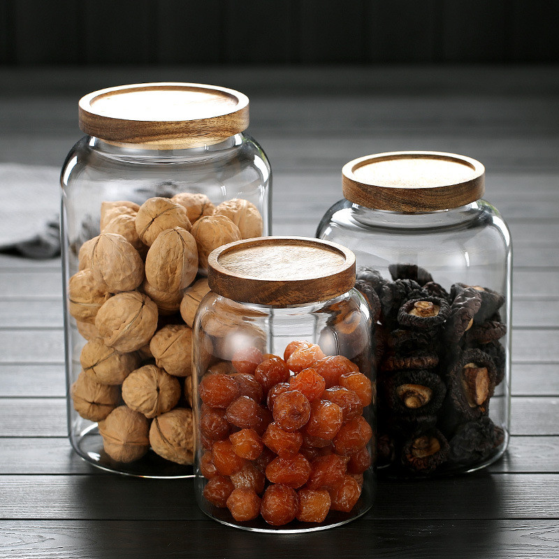 Acacia Wood Glass Storage Jar Kitchen Storage Jar ขวดชา Multigrain Storage Jar แก้วเกรดอาหารปิดผนึก 