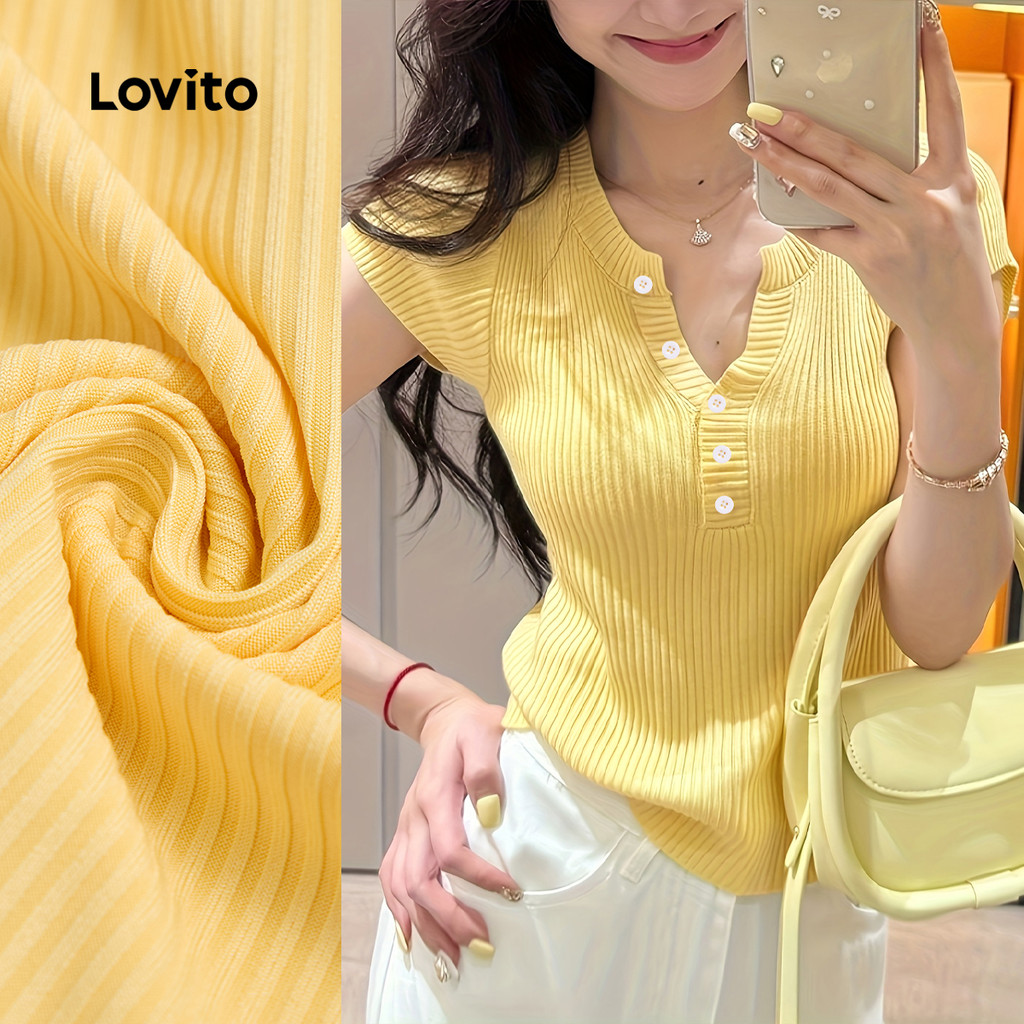 (NEW) Lovito เสื้อยืดลำลองแขนสั้น ปุ่ม ดีไซน์เรียบง่าย สำหรับฤดูใบไม้ผลิ/ฤดูร้อน สีเหลือง สำหรับผู้หญิง L155ED040