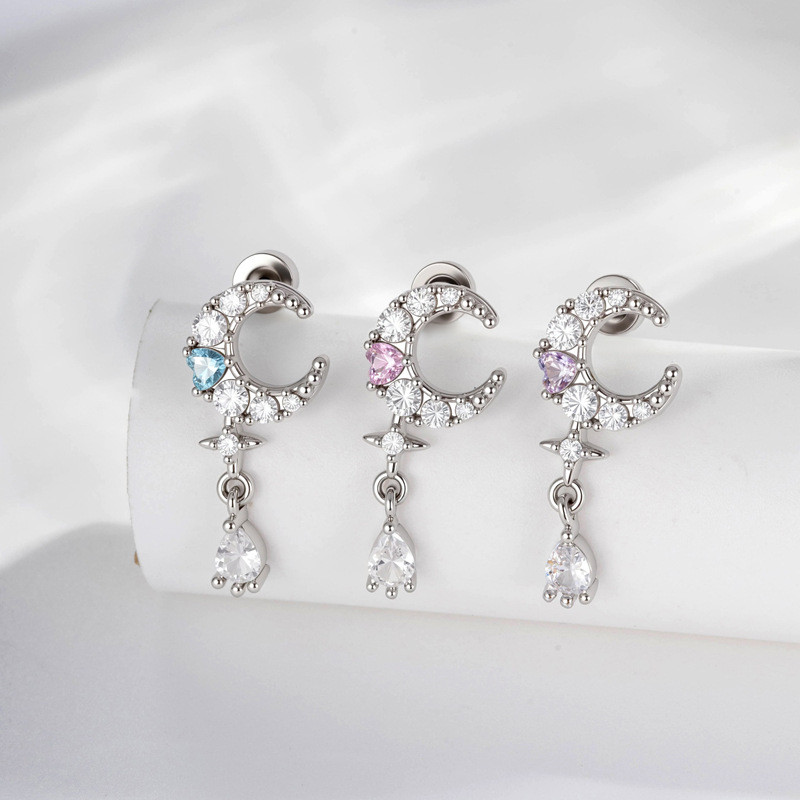 ใหม่ Niche Design Micro-Inlaid Zircon Light Luxury Retro Moon Water Drop จี้ Classy ทุกวันต่างหูเจาะ