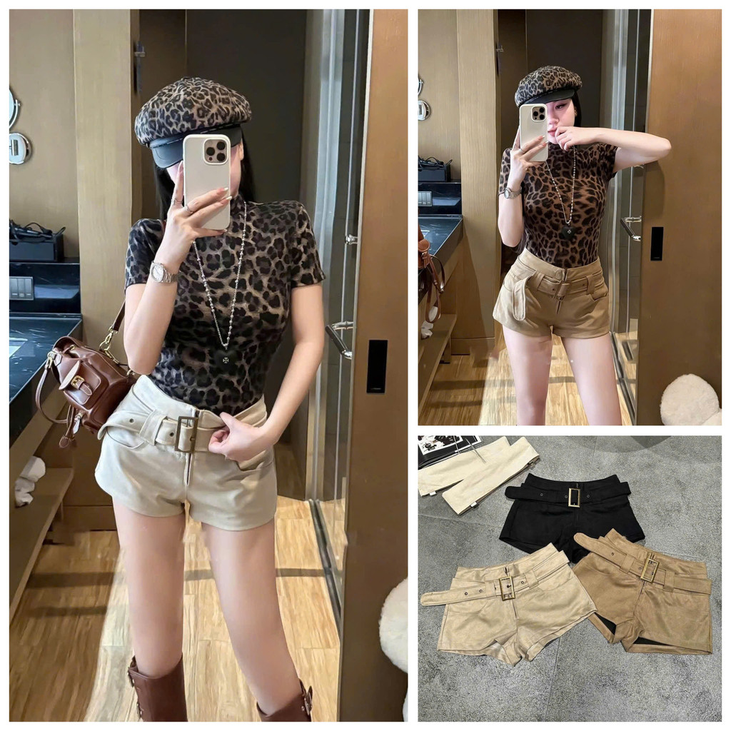 Gigi Closet QCCC QCL1 QS0502 60336 กางเกงขาสั้นหนังกลับพร้อมเข็มขัด