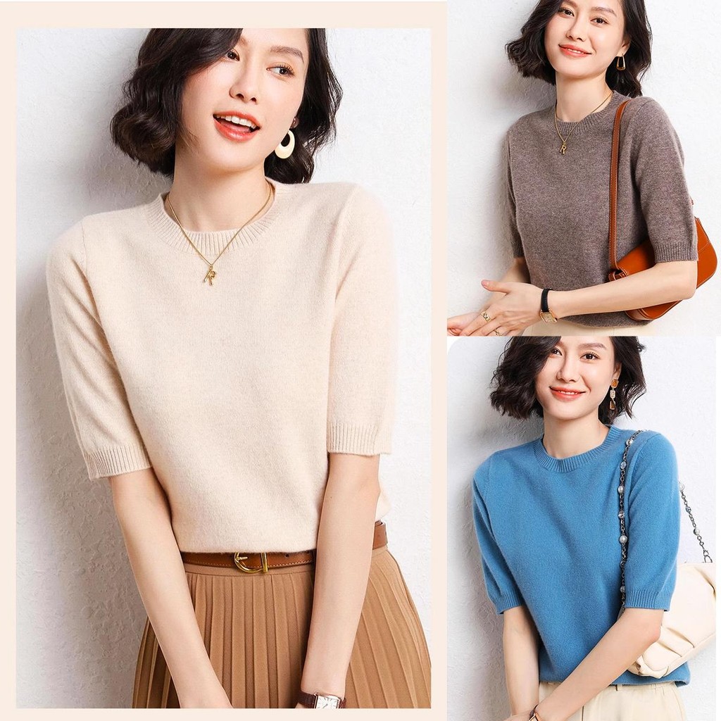 Chili Koko เสื้อยืดแขนสั้นถักพื้นฐาน คอกลม เสื้อสเวตเตอร์แขนสามส่วนสีพื้นทรงบางแขนกลาง 88027