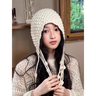 Veewink หมวกถักมือสไตล์เกาหลี เสื้อสคริสต์มาส มีพู่ กันหนาว ครอบหู ผูกโบว์ น่ารัก ใส่แล้วหน้าเล็ก