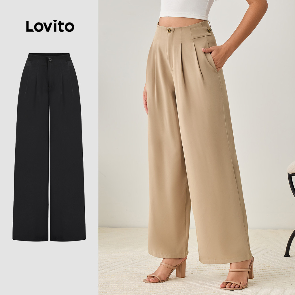 Lovito กางเกงลําลองกางเกงด้านหน้าแยกปุ่มธรรมดาสําหรับผู้หญิง L96MD033