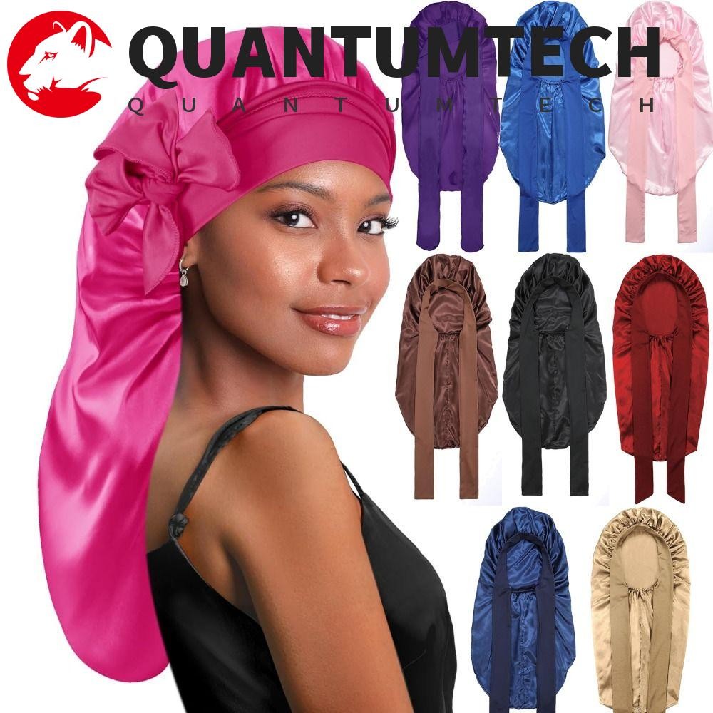 QUANTUMTECH ฝากระโปรงผู้หญิง,หมวกนอนยาวเรียบสบาย,แฟชั่นยืดหยุ่นชั้นเดียว Tie Band Night Sleep หมวกผมหยิกธรรมชาติ