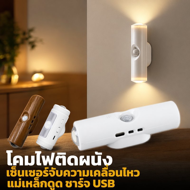 โคมไฟติดผนัง ไฟเซ็นเซอร์จับความเคลื่อนไหว ไฟแม่เหล็ก ชาร์จUSB ไร้สาย ติดเอง ทางเดิน ห้องนอน
