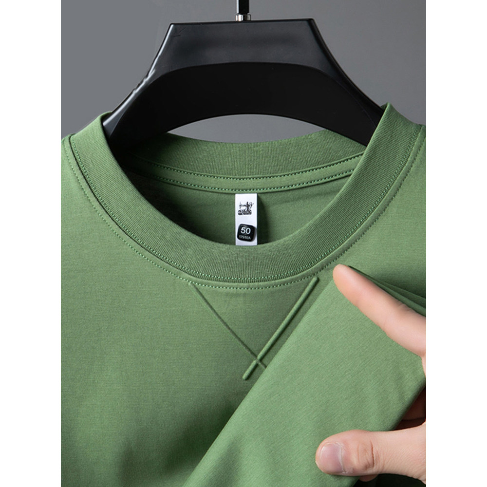 Mulberry Silk เสื้อยืดแขนสั้นผู้ชายรอบคอสีทึบ Ice Feel 2026 สไตล์ใหม่ High-End High-Aed ผู้สูงอายุพ่