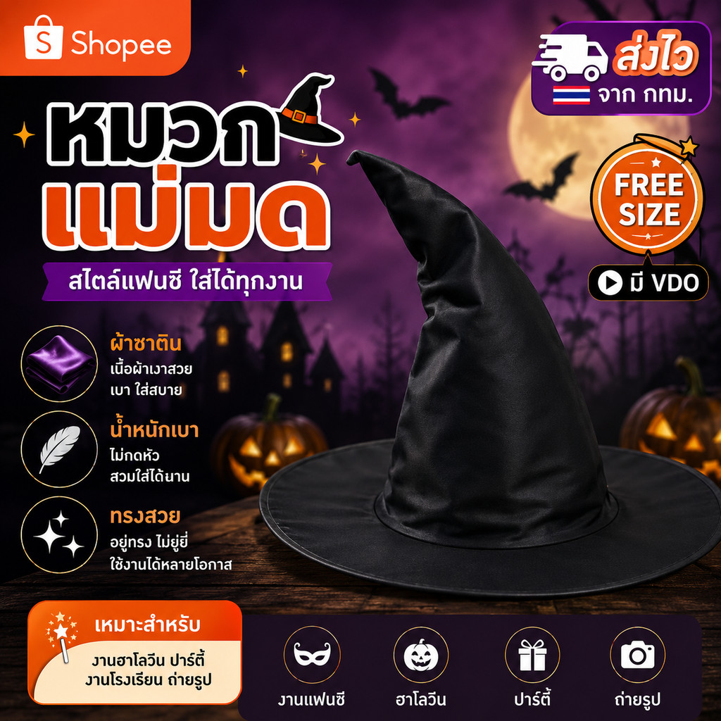 หมวกแม่มด ฮาโลวีน พร้อมส่ง หมวกพ่อมด คอสเพลย์ ปาร์ตี้ แฟนซี ฟรีไซซ์ ส่งไวจาก กทม