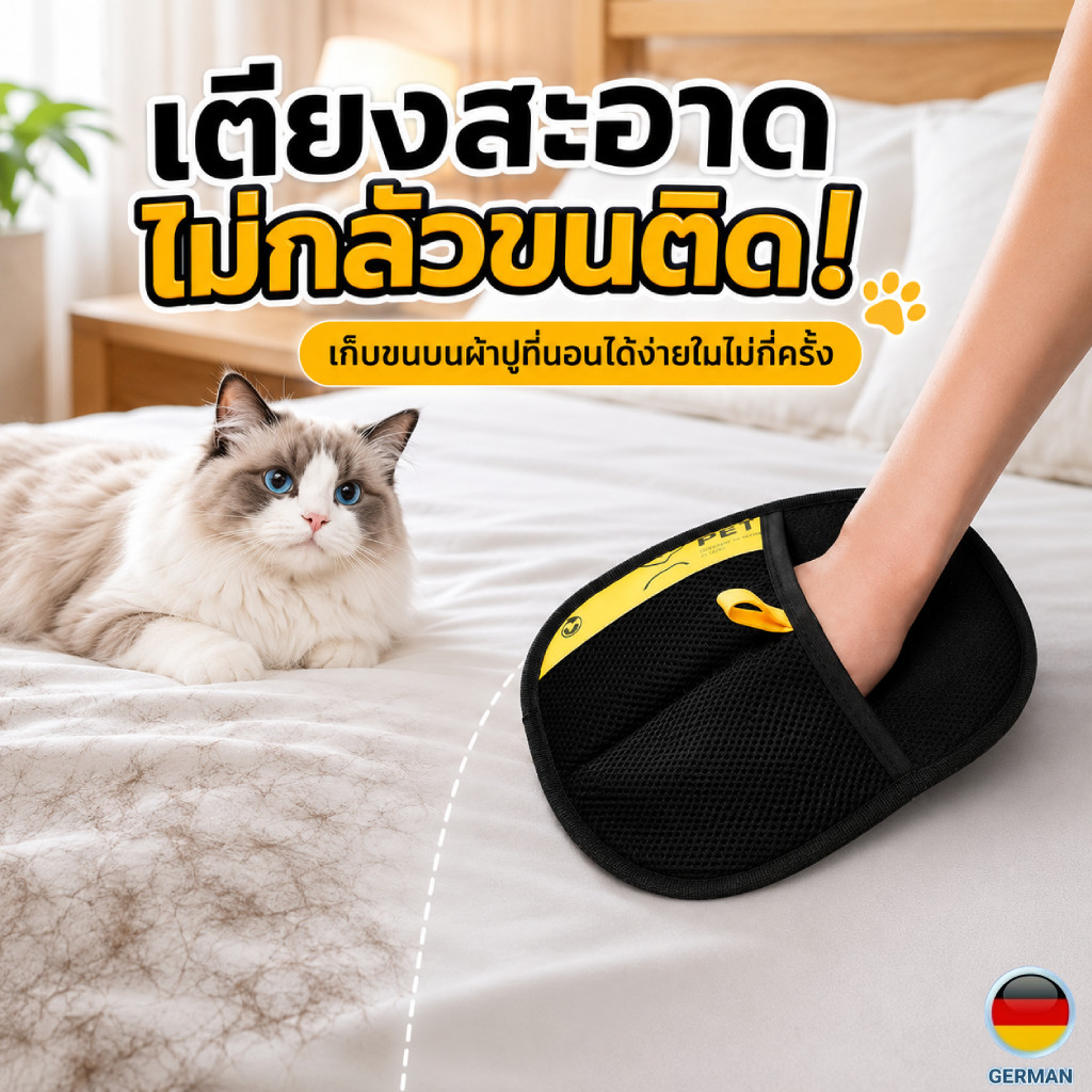ถุงมือเก็บขนแมวแบบพิเศษ ผ้าสองทาง ดักจับขนดี ใช้ซ้ำได้ ประหยัดกว่า