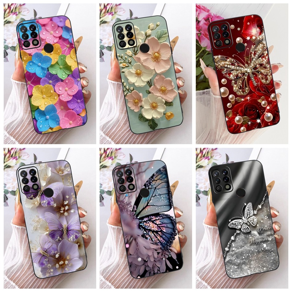 สําหรับ Tecno Pova LD7 LD7j ใหม่ดอกไม้ผีเสื้อรูปแบบเคสโทรศัพท์ Tecno Pova ซิลิโคนสีดํานุ่มกรณี