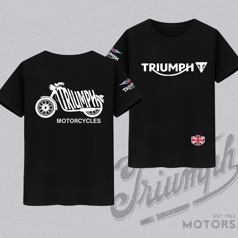 เสื้อยืดผ้าฝ้าย100% พิมพ์Triumph Motorcycle โลโก้และรถมอเตอร์ไซค์ สวมใส่สบายแฟนบิ๊กไบค์ S-5XL