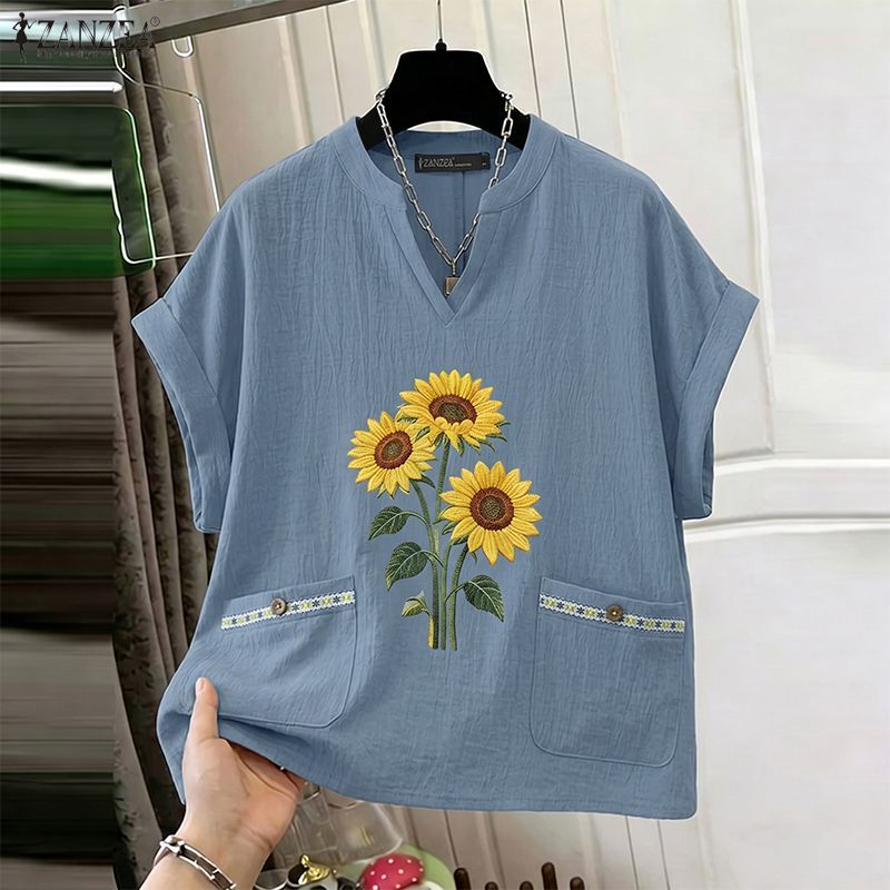 ZANZEA ผู้หญิงเกาหลี Retro Cottagecore V คอแขนสั้นออกแบบกระเป๋าดอกทานตะวันพิมพ์เสื้อยืดหลวม — صورة 5