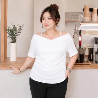 เสื้อเปิดไหล่ผู้หญิงไซส์ใหญ่ ผ้าร่องใหญ่ เอวจั้ม ทรงเข้ารูป พรางหุ่น เนื้อนุ่ม ใส่สบาย สาวอวบ เสื้อแฟชั่นเกาหลี tb7774#