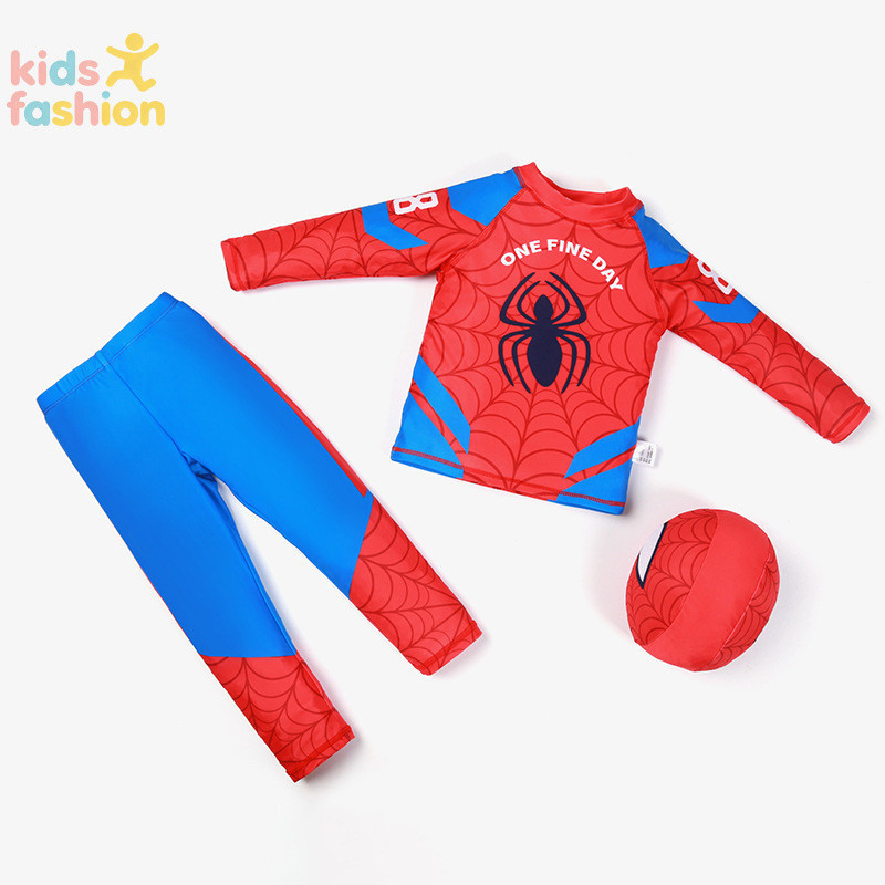 ชุดว่ายน้ําทูพีซเด็กชาย Spider-Man ชุดว่ายน้ําแขนยาวป้องกันรังสียูวีการ์ตูนสําหรับเด็ก