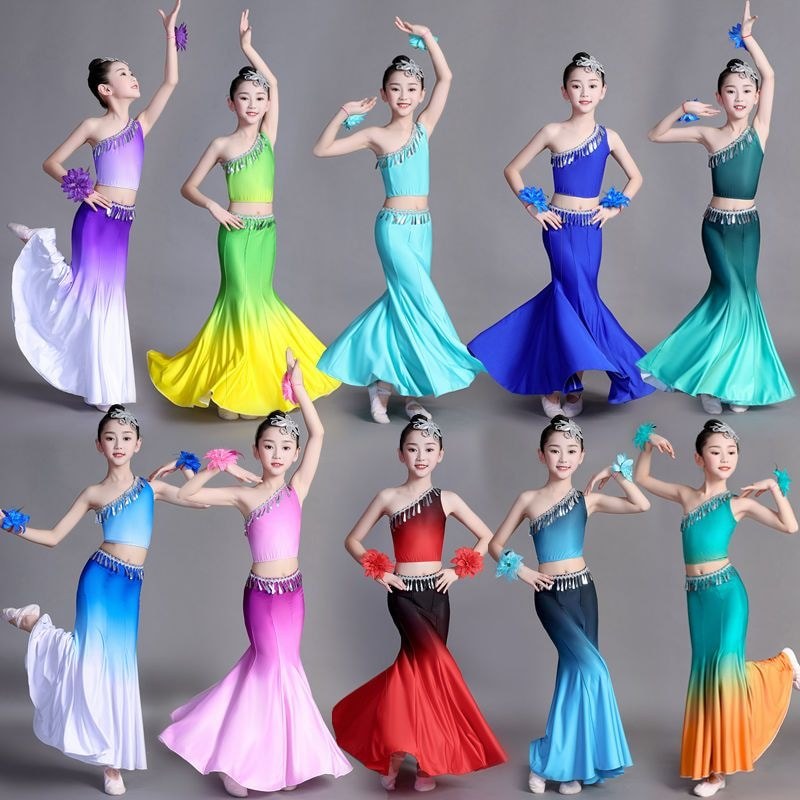 เด็กเด็ก Tsuba Dance เครื่องแต่งกายสาว Tsubame นกยูงเต้นรําสะโพกบรรจุ Fishtail กระโปรงเด็กชาติพันธุ์ประสิทธิภาพ Co