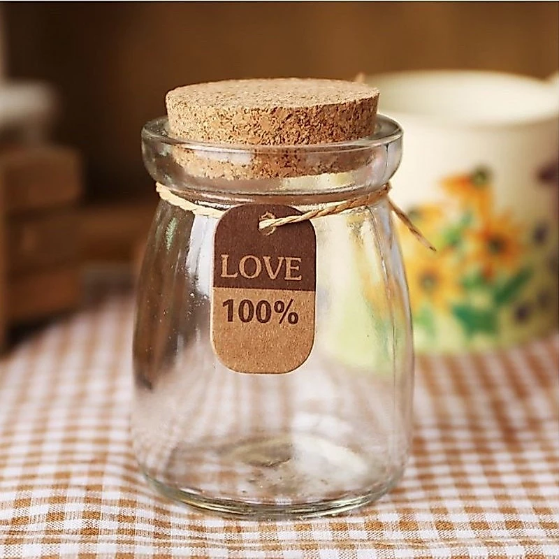 ขวดแก้ว พุดดิ้ง 100ml love 100% ฝาไม้ก๊อก