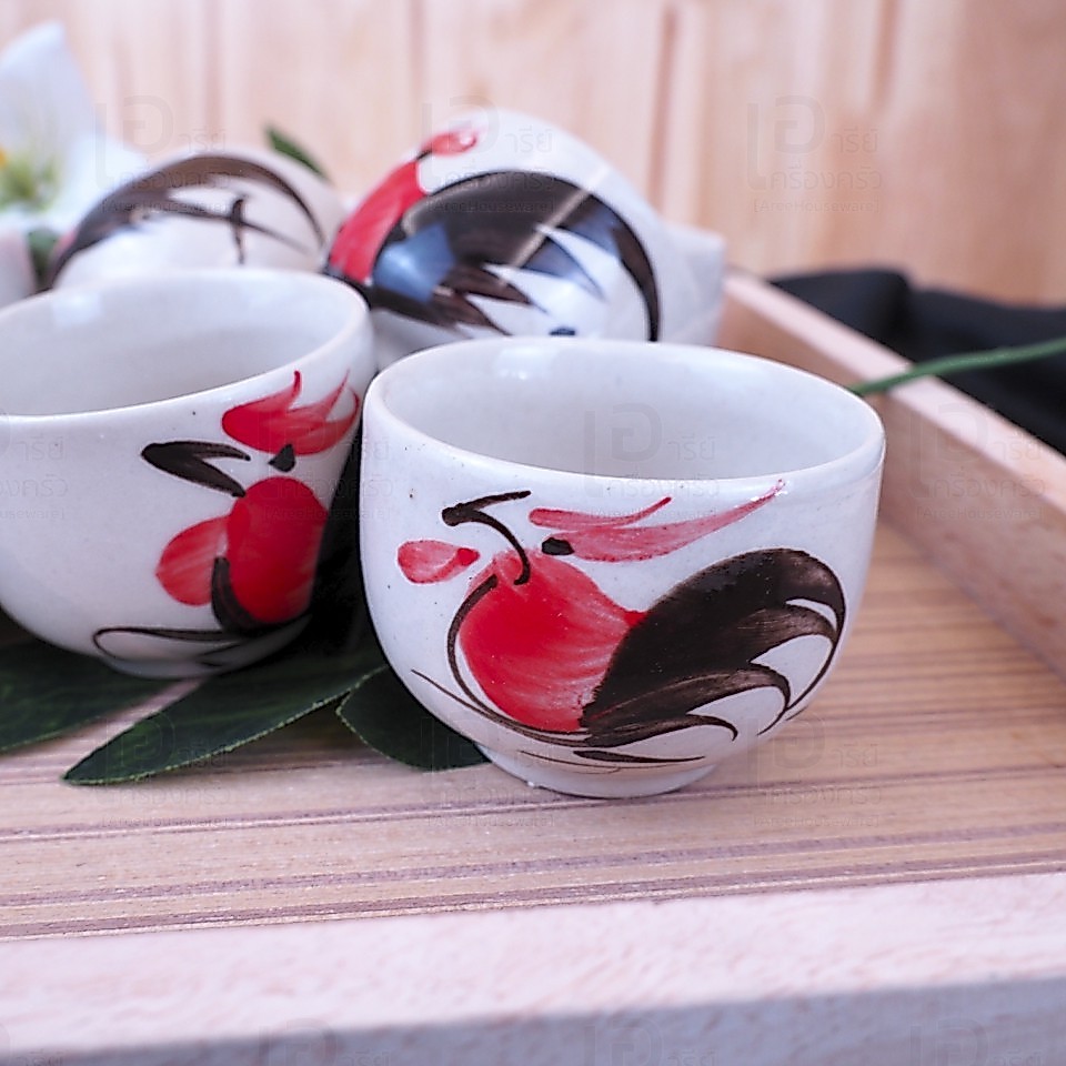 (แพ็คละ 5 ใบ) ถ้วยน้ำชา เซรามิค แก้วจอกชา ถ้วยน้ำจิ้ม ลายไก่