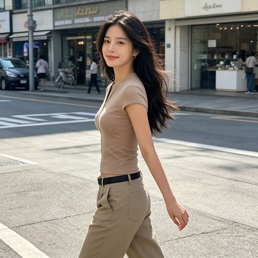 เสื้อยืดคอวีผู้หญิง แขนสั้น คอวีแต่งขอบริ้ว รูปที่ 5