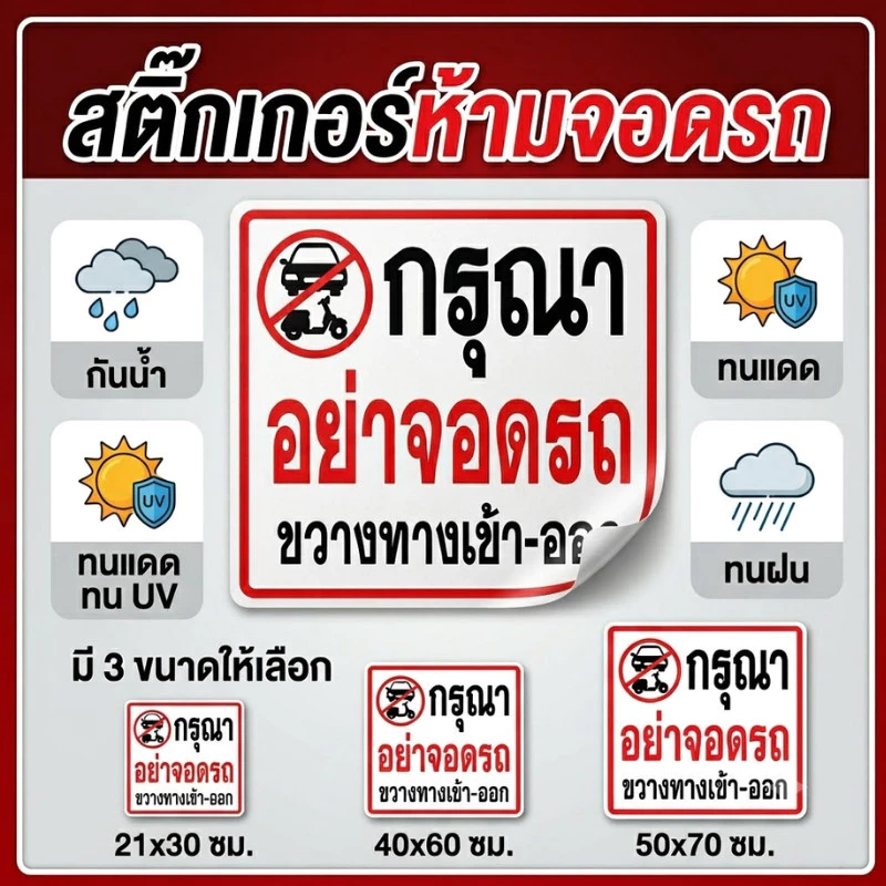 JIE HOME สติ๊กเกอร์ป้ายกรุณาอย่าจอดรถขวางทางเข้า-ออก สติกเกอร์กันน้ำ สติ๊กเกอร์ ป้ายบอก ติดประตู ติดกระจก