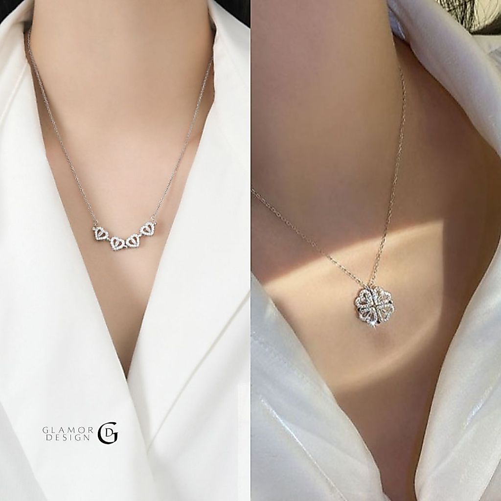 GLAMOR✨สร้อยคอเงิน Heartbloom ใบโคลเวอร์ ใส่ได้ 2 แบบ ดีไซน์เรียบหรู สร้อยคอเงินแท้ สร้อยเพชร