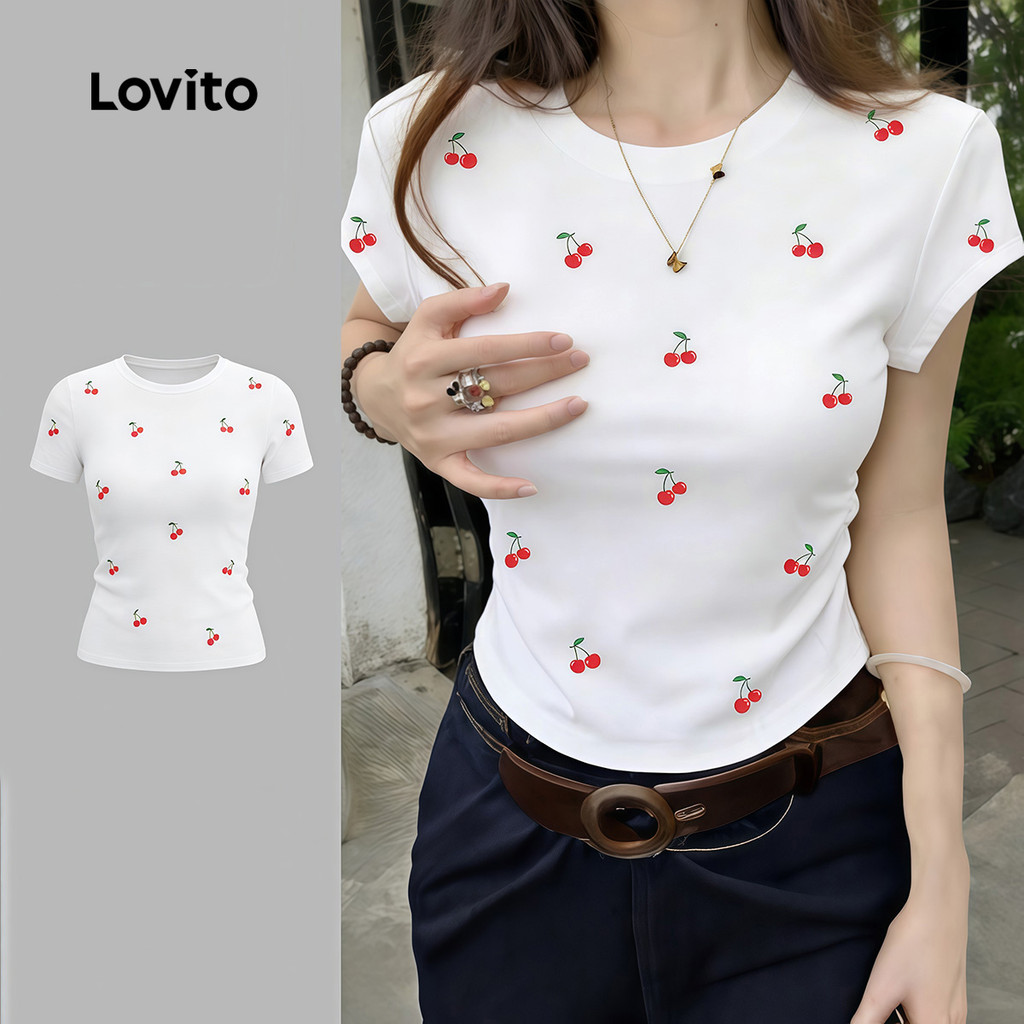 Lovito เสื้อยืดลําลองลายเชอร์รี่สําหรับผู้หญิงฤดูใบไม้ผลิ/ฤดูร้อน LK4ED2441