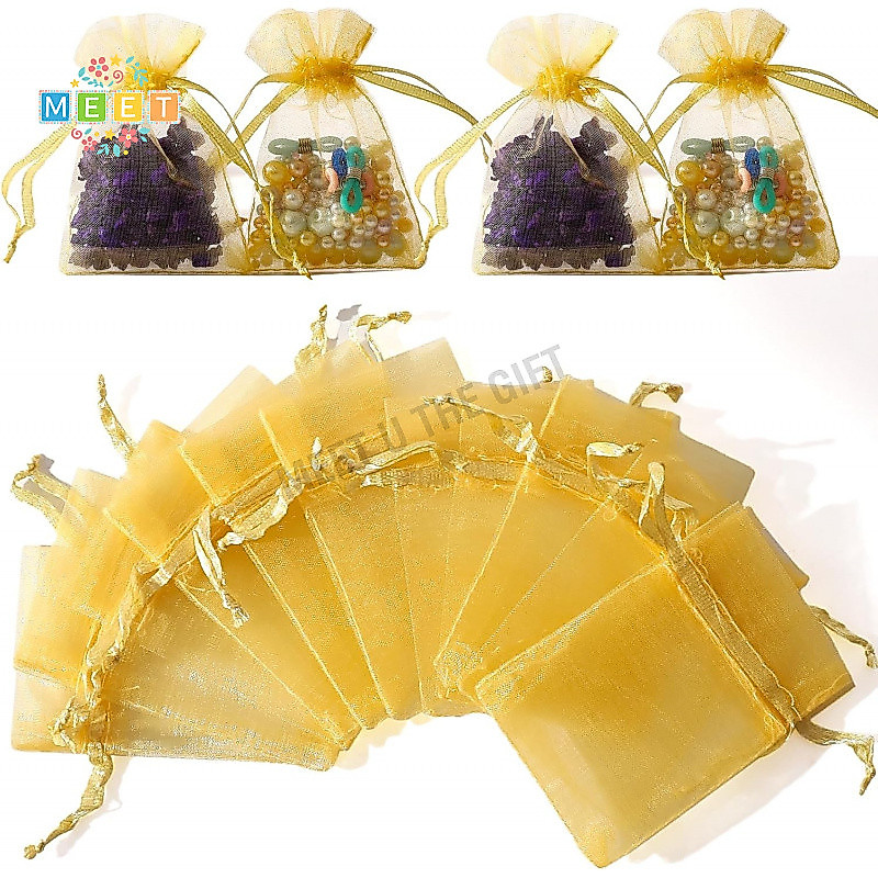 100ชิ้น/หลายขนาดโกลเด้นออร์แกนซ่ากระเป๋า/กระเป๋าเครื่องประดับ/ เชือกรูด เชือกรูด ถุง/ใช้สําหรับสร้อยข้อมือลูกอมช็อคโกแลตบิสกิตของขวัญถุงบรรจุภัณฑ์/วันเกิดแต่งงานถุงของขวัญประ