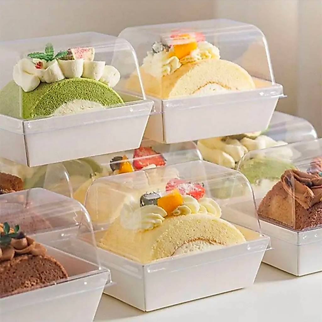 กล่องเค้กโรล กล่องกระดาษเคลือบฐานสีขาว/สีน้ำตาล+ฝาโดมทรงสูงใส กล่องใส่ขนม (WT1290/WT1590)แพ็ค 25/50 ชุด