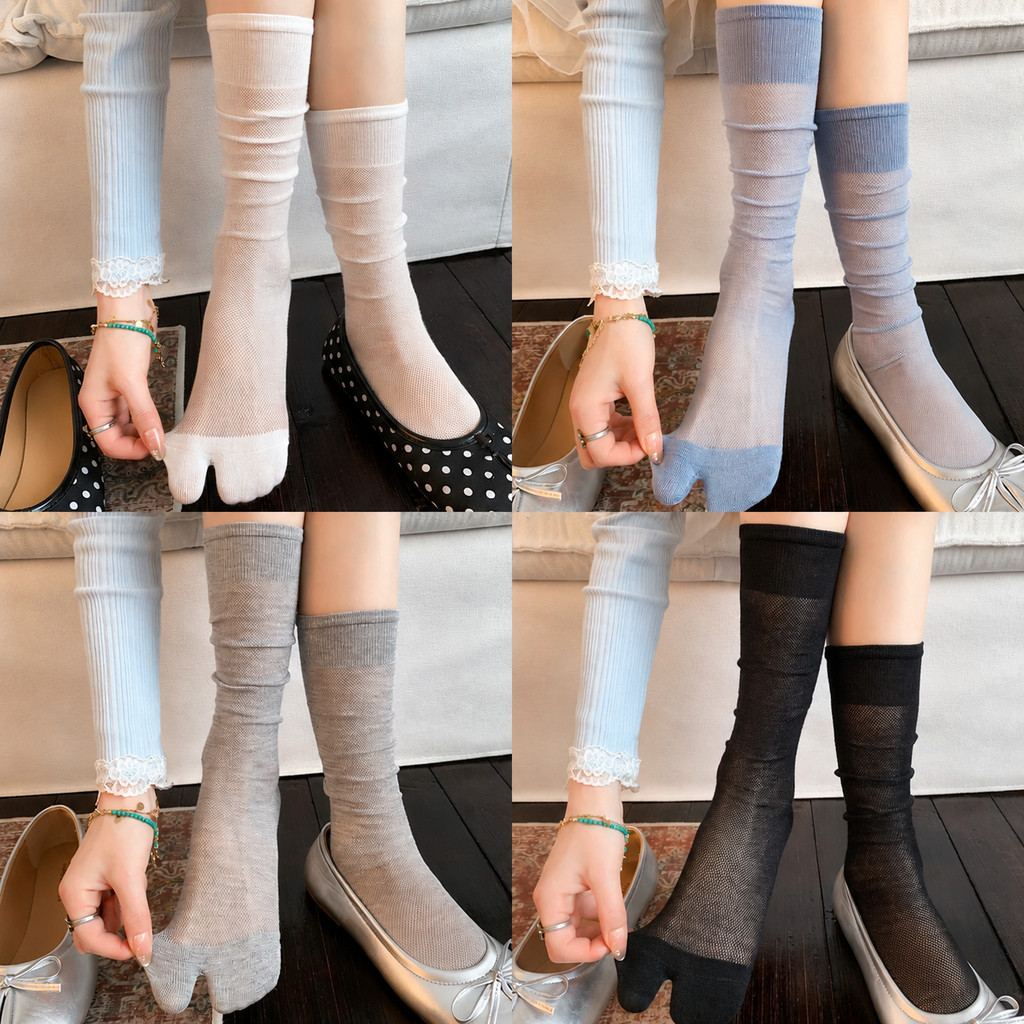 ฤดูร้อนบาง Tabi ถุงเท้าผู้หญิง 7 สีผ้าฝ้ายยาว Toe-แยกถุงเท้า Sheer ตาข่ายลื่น Cuff Seamless 2 Toe Stacked ถุงเท้า