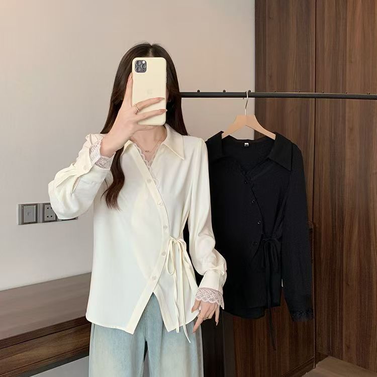Cuties W753 𝒩𝑒𝓌 เสื้อเชิ้ต แขนยาว สายลักชู เสื้อเชิ้ตลำลองสตรี กระดุมไขว้หน้า ผูกโบว์ข้าง ใส่ง่ายสำหรับทุกโอกาส