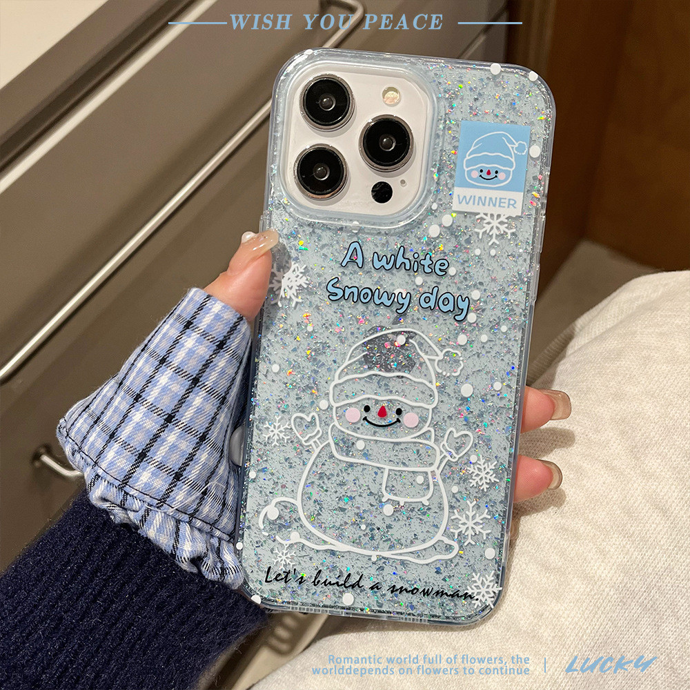 Glitter Snowflake Snowman เหมาะสําหรับ ihone16promax เคสป้องกัน Apple 15pro เคสโทรศัพท์ 14/13 อีพ็อก