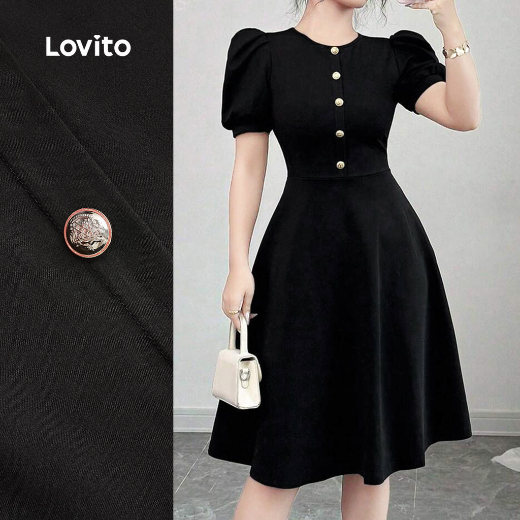 (NEW) Lovito ชุดเดรสหรูหราปุ่มเดรสน SHO Spring/Summer สีดำ สำหรับผู้หญิง เกาหลี อินเทรนด์ L155AD1723