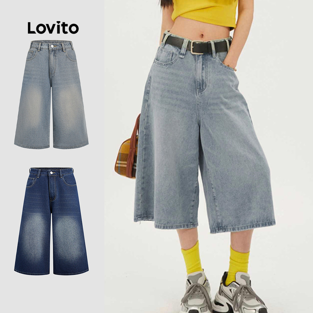 Lovito กางเกงยีนส์ มีกระเป๋า สีพื้น สไตล์แคชชวล สำหรับผู้หญิง L117AD091