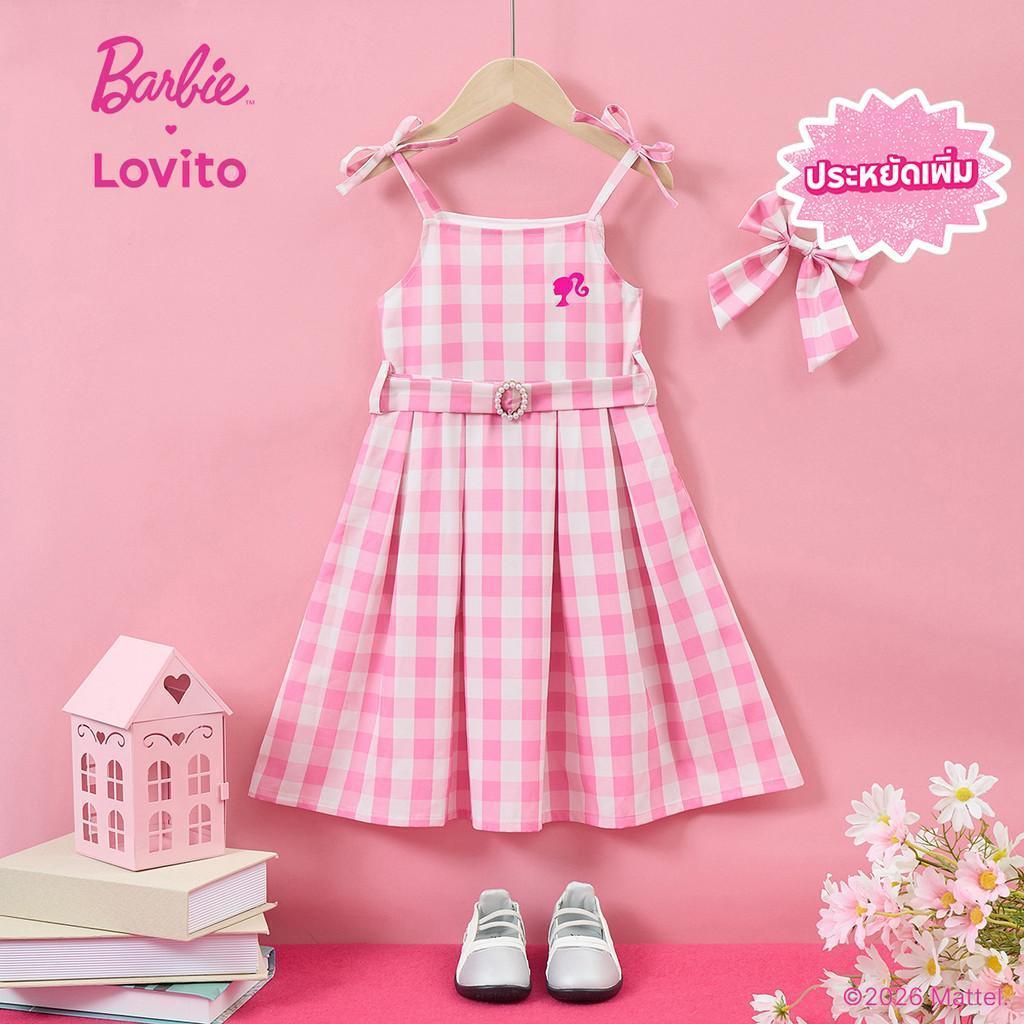 Barbie™ X Lovito Kids โบโฮ เดรสสีชมพูน่ารักพร้อมเข็มขัดและโบว์ สําหรับสาวในฤดูใบไม้ผลิ/ฤดูร้อน LB1AD005