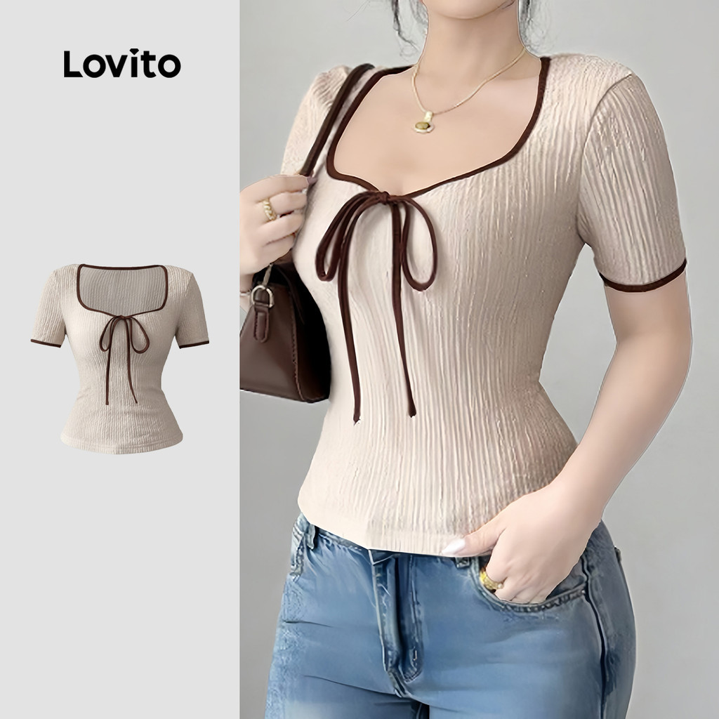 Lovito เสื้อยืดลําลอง ผ้าผูกคอ ผูกโบว์ สีแอปริคอตสําหรับฤดูร้อน LK6AD122