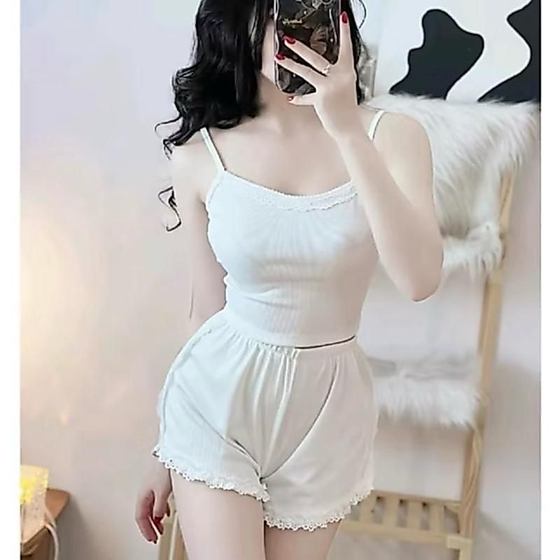 A72z set เสื้อยืดผู้หญิง 2 ชิ้น พร้อมกางเกงขาสั้นลูกไม้ รุ่นใหม่