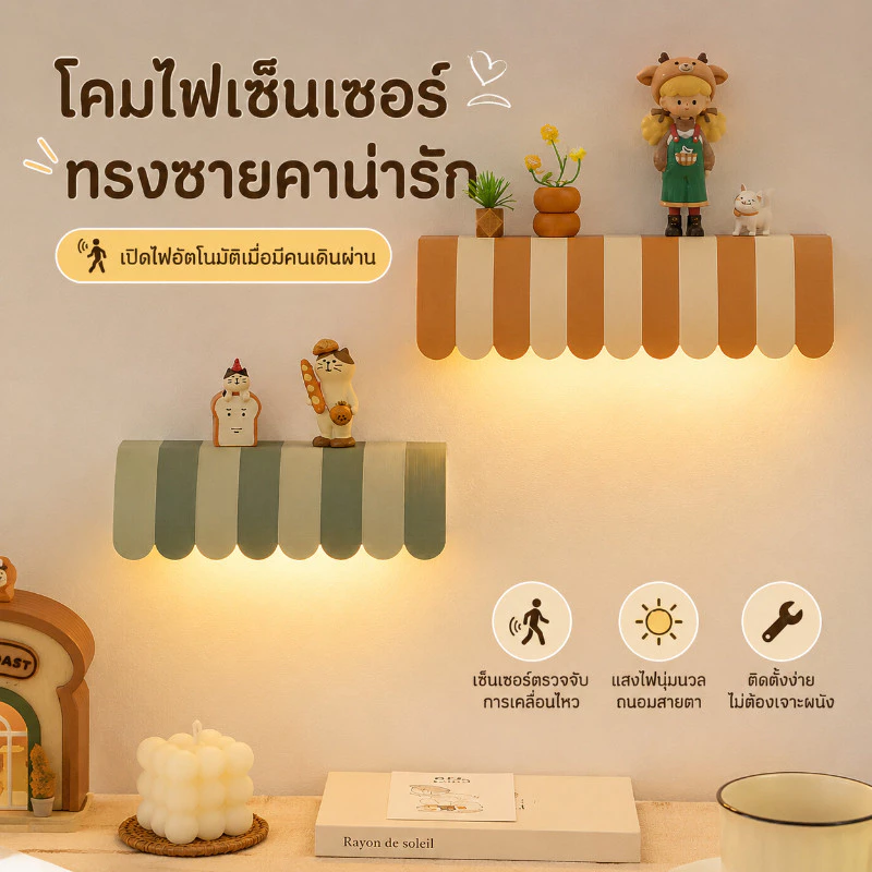 โคมผนังเซนเซอร์ โคมกลางคืน ชาร์จด้วย USB วัสดุอะคริลิค ปรับแสงได้ 3 โหมด ดีไซน์รูปทรงชายคาน่ารัก
