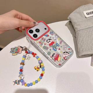 Crayon Shin-chan Magnetic Chain Stand Case,ฝาครอบซิลิโคนสองชั้นสําหรับiPhone 14/15/16/17 Pro & Pro Max,ผู้หญิงสไตล์การ์ตูน