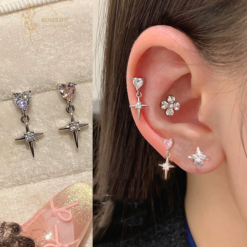 Roselife เกาหลี 1 คู่ S925 เงิน Shining คริสตัลหัวใจ Cross Stud ต่างหูสําหรับผู้หญิงแฟชั่นเรขาคณิตห้อยหู Jewery