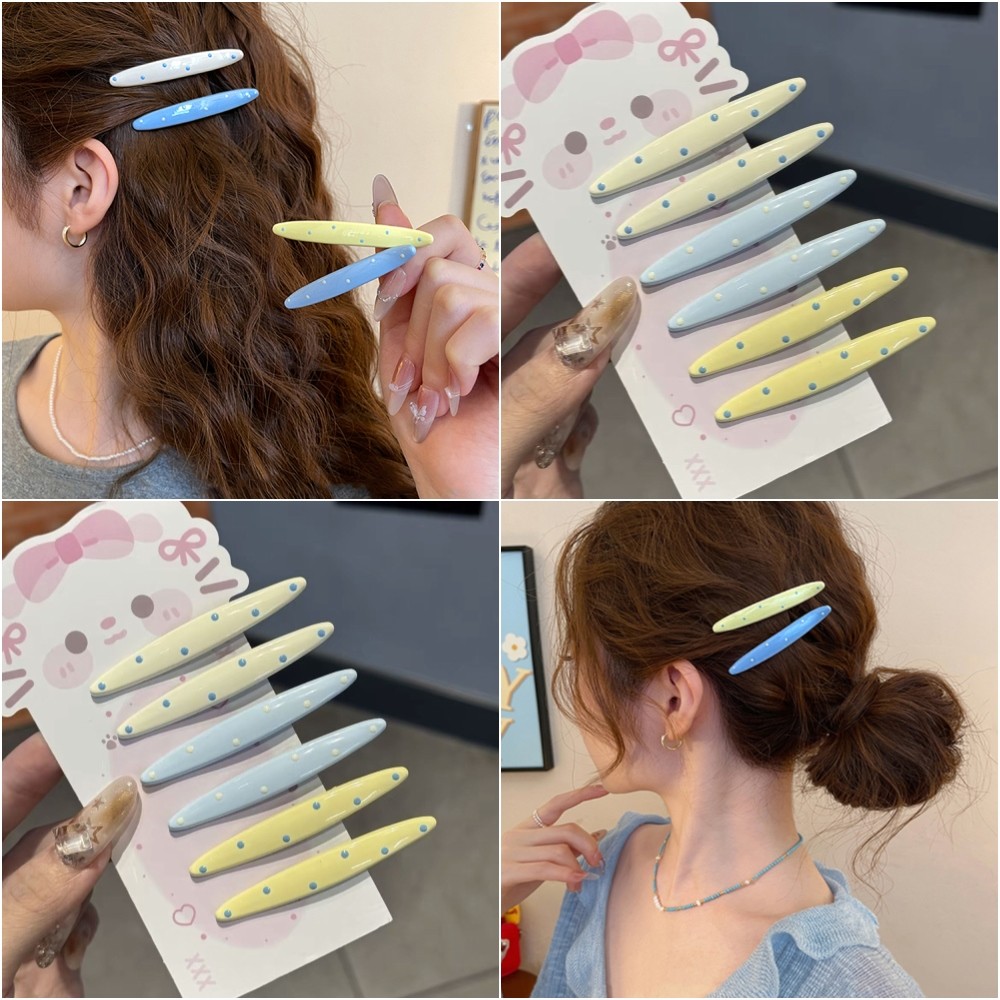 กิ๊บติดผมสไตล์เกาหลี ลายจุดสีฟ้า สีขาว และสีครีม